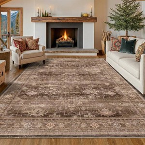 $122 Boho Taupe Brown Living Room Rug 8x10 - Modern Vintage Traditional Eclectic Oriental Neutral, Washable Low Pile Non-Slip Extra Large Area Rugs for Dining Under Table Bedroom Lounge