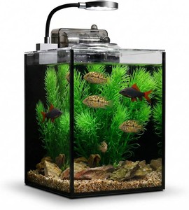 1.2 Gallon Small Fish Tank, Beta Fish Aquariums Starter Kits with Nano Clip-on LED, Waterfall Filter Pump, Plants, Gravel and Rock, Perfect for Small Fish, Shrimp, or Betta (with Lid)