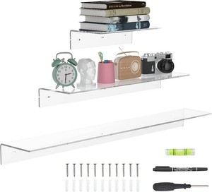 Sezanrpt Acrylic Wall Shelves 36 24 12 Inches, Clear Floating Shelf for Wall, Wall Mounted Display Shelves for Plants, Radio, Funko Pop, Stuffed Animal, Books, Clock, Cosmetics, Toiletries