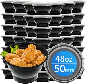 48oz Meal Prep Containers, 50 Sets Plastic To Go Bowls with Lids  Anti-Slip Diamond-embossed Texture, Insulated Wide Rim Blocks Scalds, Large Storage Bowls, Microwave Freezer Safe for Soup