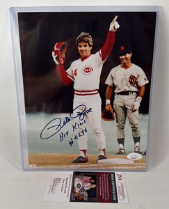 Pete Rose autographed and inscribed Hit King 8x10 inch baseball photo with JSA authentication