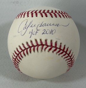 Andre Dawson autographed baseball with Hall of Fame inscription, Rawlings OMLB Seelig Ball
