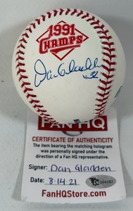 Dan Gladden, autographed with Fan HQ authentication. 1991 World Series champs. Rawlings, OMLB, Manfred Jr. Baseball, Minnesota Twins.