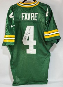Brett Favre Autographed w JSA COA and 3xMVP Inscription Nike Authentic Green Bay Packers Football Jersey Size 48