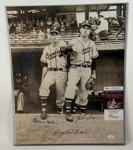 Warren Spahn and Johnny Sain Autographed w JSA COA Inscribed Pray for Rain Baseball Photo