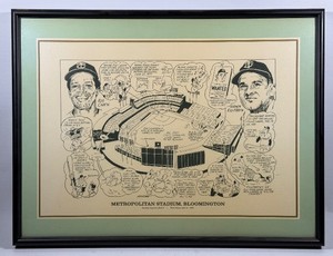 Minnesota Twins Metropolitan Stadium Vintage Baseball Comic Print Killebrew and Carew Framed 22x17