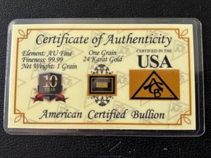 1 Grain .999 Fine Gold Bar