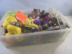 (EW3) Assortment of Small and Smaller Toys Figures Trucks Etc - Tote Has Lid  Not Shown