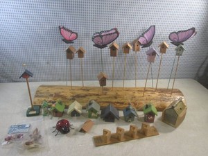 (CSB) Assorted Mini Wood Bird Houses and Butterflies on Sticks with Display Stand and Assorted Other Mini Wood Bird Houses Etc