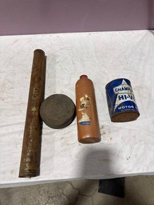Vintage Metal fire extinguisher, Ceramic bottle, Tin Lot
