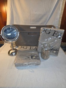 Double Sided Makeup 3-Way Touch Light-2 Large Curtains-Jar of Clothes Pins-Gray Plastic Basket- Lot of 5