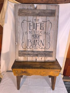Rustic wooden wall sign, and wooden stool