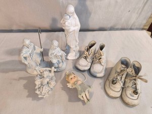 Antique Baby Shoes - Virgin Mary & Baby Jesus Figurines - Saint Joseph Figurine - Small Angel Ornament - Lot of 7