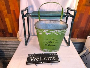 Gardening Knee Stool - Home Sweet Home Tin Decor Bucket - Small Hanging Welcome Sign -Lot of 3