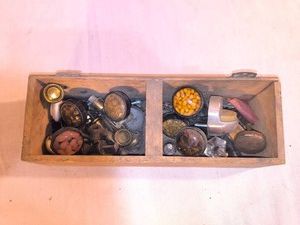 Wooden hardware box with Vintage assorted small hardware pieces