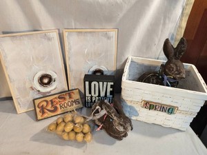 Spring Home Decor Pieces - Bunnies - Mini Wall Signs - Basket - And More - Lot of 8 pieces