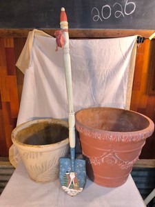 Terra Cotta Style Planter Pots with a Holiday Made Snow Shovel Decor -Lot of 3