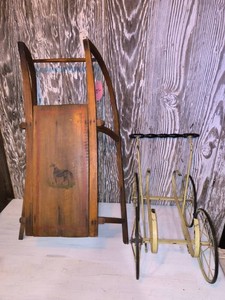 VINTAGE Wooden Sled & 4 Wheeled Buggie