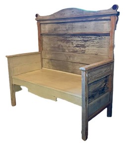 E-Antique-Style Primitive High-Back Settlers Hall Bench - Distressed Wood