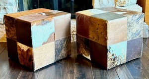 LR - Paul Robert Patches Cowhide & Leather Patchwork Cube Ottomans