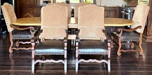 7-Piece Country French Dining Table & 6 Carved Armchairs Set