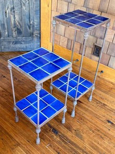 P - Blue Tile-Top Accent Tables - Metal Plant Stands (Lot of 2)