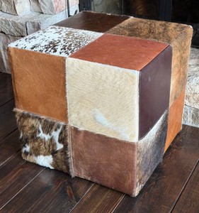 LR - Paul Robert Custom Patchwork Leather & Cowhide Cube Accent Ottoman