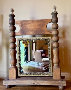 LR - Vintage Rustic Wood Framed Mirror - Turned Column Stand