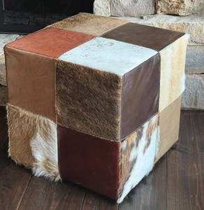 Paul Robert Patches Cowhide & Leather Patchwork Cube Ottoman