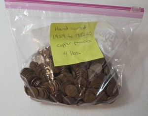 Hand sorted 1959 to 1982 Large Date (LD) Copper Pennies. 4 pounds.