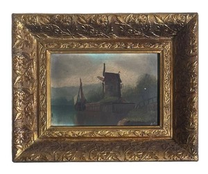 LR - Antique 19th-Century European School River Landscape Oil Painting in Ornate Gilt Cove Frame
