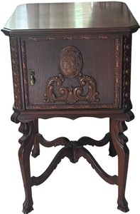 LR - Antique 1920s Jacobean Style Carved Walnut Humidor Cabinet