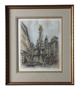 LR - Vintage Vienna Scene Color Etching  Aquatint Signed Franz Xaver Wolf