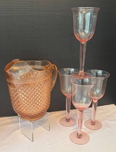 K - Vintage Anchor Hocking Miss America Pink Depression Glass Pitcher with Stemware
