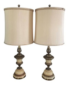 LR - Pair of Vintage Stiffel Brass and Ceramic Table Lamps