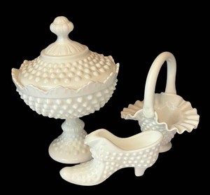 DR - Vintage Fenton Milk Glass Hobnail Compote, Basket Bowl and  Shoe Figurine