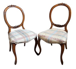 LR - Pair of Antique Victorian Walnut Balloon Back Dining Chairs