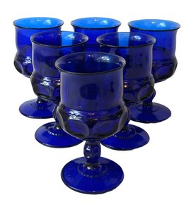 DR - Vintage Indiana Glass Cobalt Blue Kings Crown Thumbprint Goblets (Lot of 6)