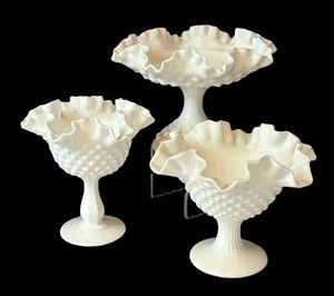 DR - Trio of Vintage Fenton Milk Glass Hobnail Compote Dishes