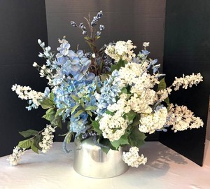 LR - Artificial Blue & White Floral Arrangement in Vintage Metal Pot
