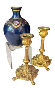 LR - Two Vintage Gold Gilt Metal Candle Holders with Vase