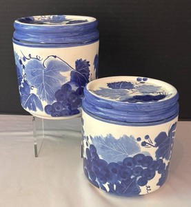 K - Two Blue and White Floral Kitchen Canisters by Design Pac