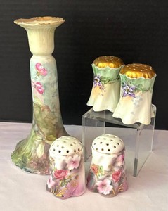 LR - Vintage Floral Porcelain Candle Holder & Salt and Pepper Shakers