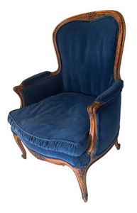 LR - Vintage Upholstered Chair Blue Velvet Carved Wood Armchair