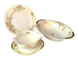 LR - Vintage Floral China Serving Bowl, Plate & Gravy Boat