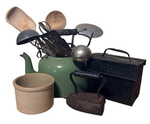 LLR - Vintage Kitchen Tools Mixed Lot Teapot, Crock, Sad Iron, Tin Box and More