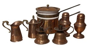 LLR - Vintage Copper Kitchenware including Copper Boiler, Shakers, Candle Holders, Sugar Dish and Creamer Pitcher