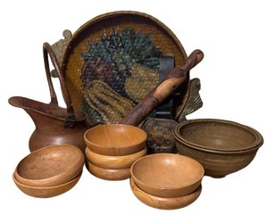 LLR - Vintage Wooden Bowls, Basket, Rolling Pin, Stoneware Bowl and More