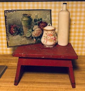 LLR - Vintage Red Stool, Floral Tin Art, Bottle & Ceramic Jar