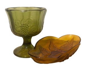 LLR - Vintage Indiana Glass Colony Green Glass Pedestal Dish and Anchor Hocking Relish Dish